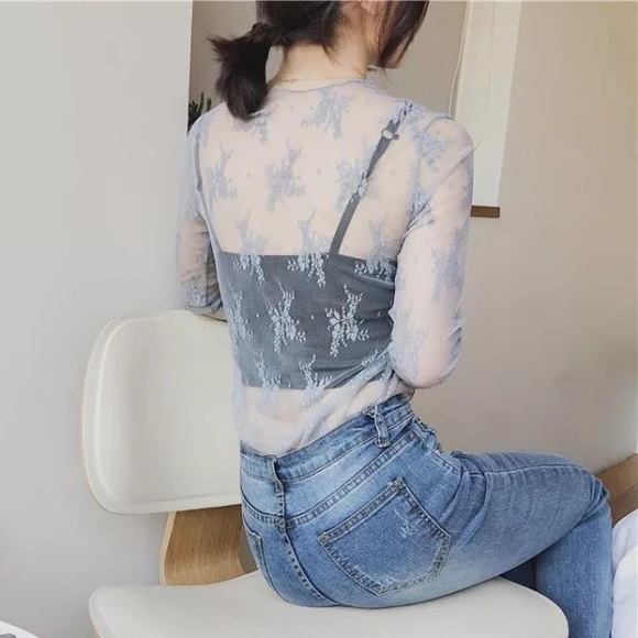 Lace blouse top shirt mesh transparent sexy women’s long sleeve - Picture 6 of 10